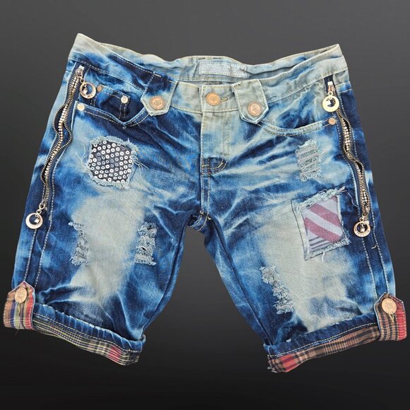 Y2K Baggy Long denim Shorts Womens Size S Rhinestone Sequin Distressed Grunge - Picture 1 of 7
